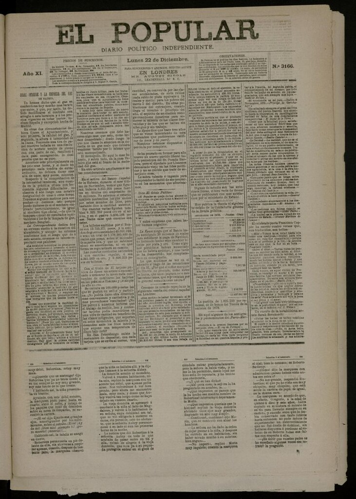 Miniatura de El Popular: diario independiente, político, literario y de noticias de interés general del 22 de diciembre de 1879, nº 3166