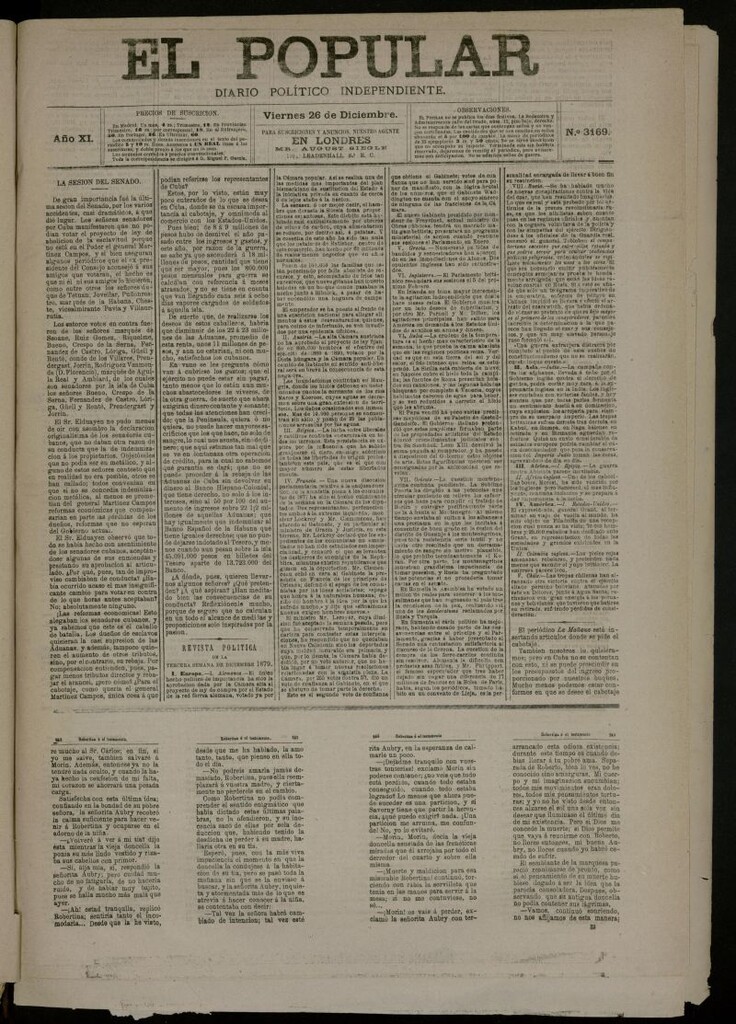 Miniatura de El Popular: diario independiente, político, literario y de noticias de interés general del 26 de diciembre de 1879, nº 3169