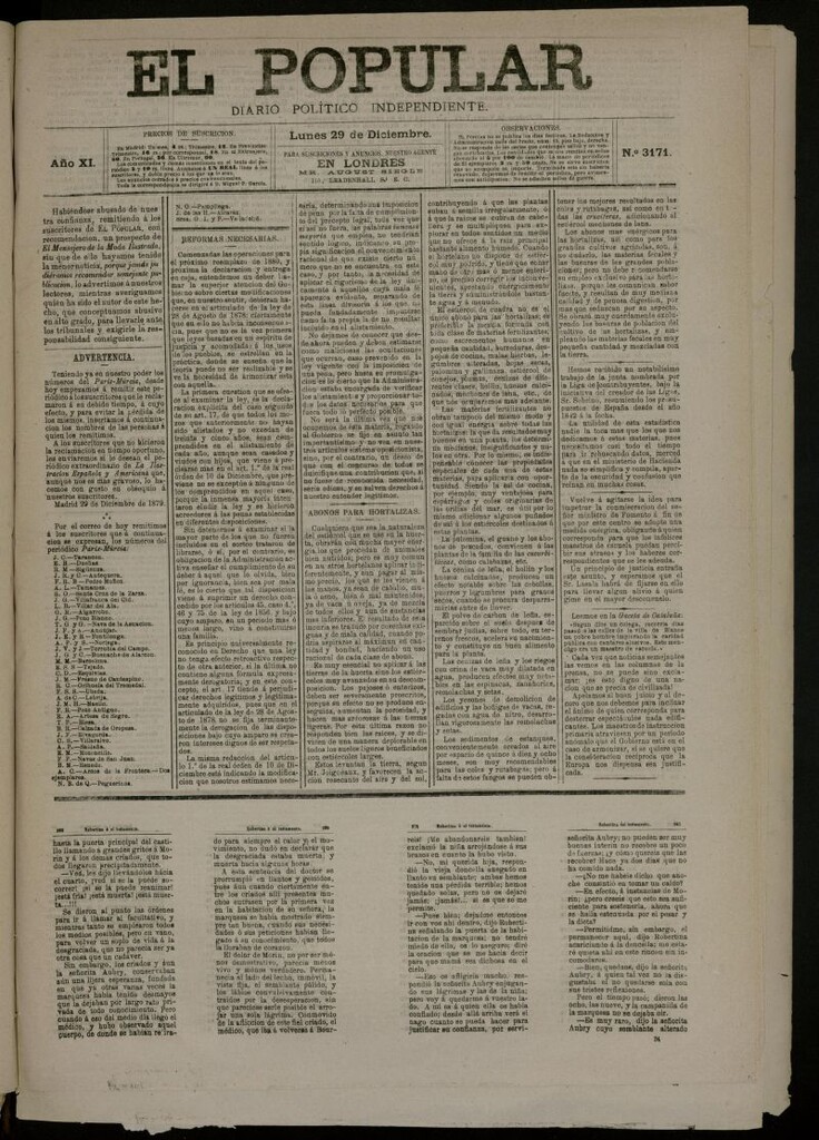 Miniatura de El Popular: diario independiente, político, literario y de noticias de interés general del 29 de diciembre de 1879, nº 3171