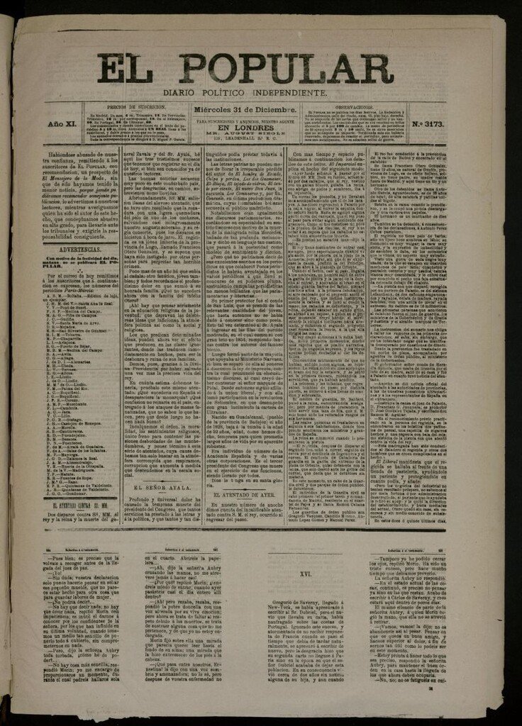 Miniatura de El Popular: diario independiente, político, literario y de noticias de interés general del 31 de diciembre de 1879, nº 3173