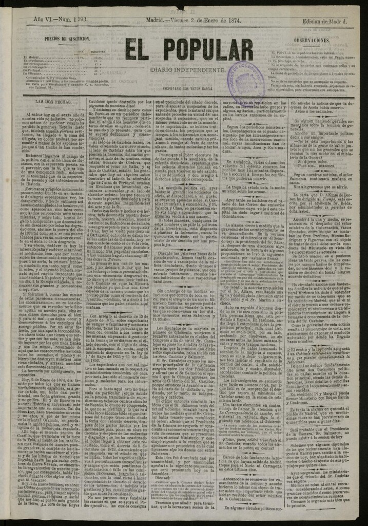 Miniatura de El Popular: diario independiente, político, literario y de noticias de interés general del 2 de enero de 1874, nº 1393
