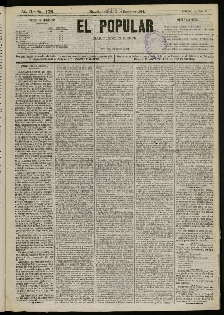 Miniatura de El Popular: diario independiente, político, literario y de noticias de interés general del 3 de enero de 1874, nº 1394