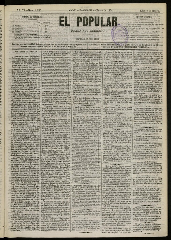 Miniatura de El Popular: diario independiente, político, literario y de noticias de interés general del 4 de enero de 1874, nº 1395