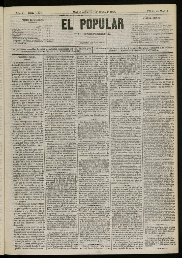 Miniatura de El Popular: diario independiente, político, literario y de noticias de interés general del 8 de enero de 1874, nº 1398