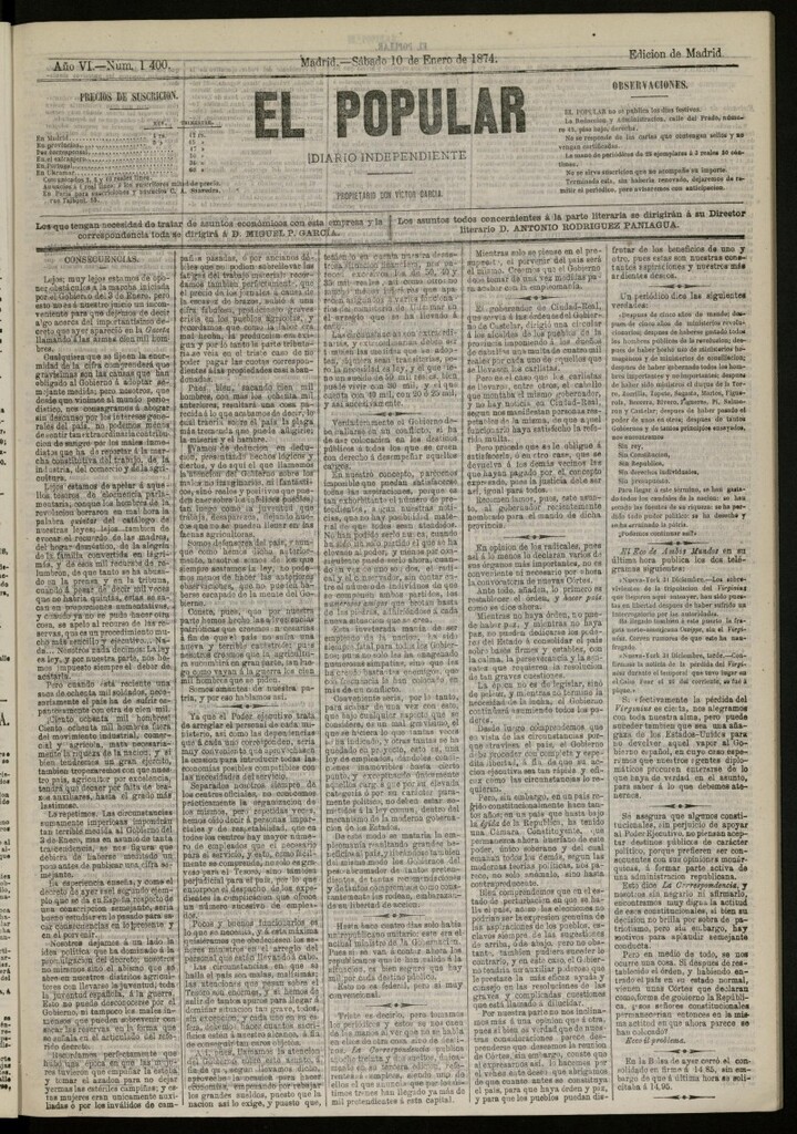 Miniatura de El Popular: diario independiente, político, literario y de noticias de interés general del 10 de enero de 1874, nº 1400