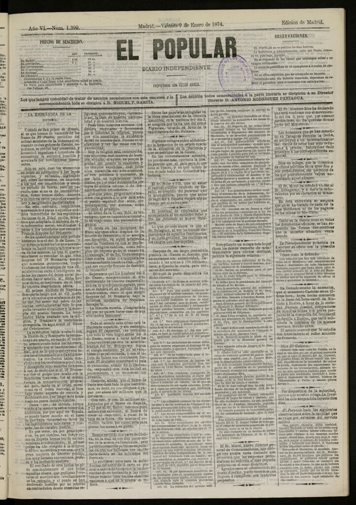 Miniatura de El Popular: diario independiente, político, literario y de noticias de interés general del 9 de enero de 1874, nº 1399