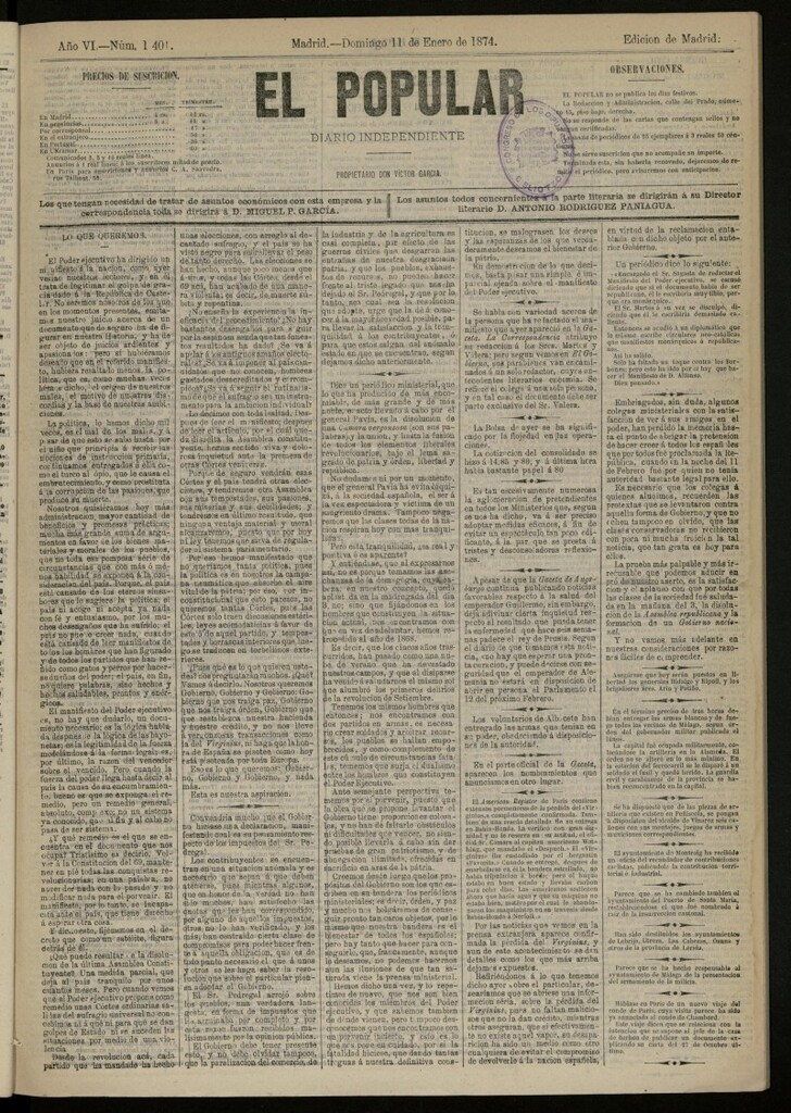 Miniatura de El Popular: diario independiente, político, literario y de noticias de interés general del 11 de enero de 1874, nº 1401