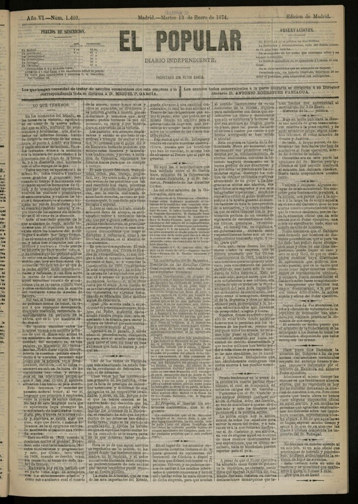 Miniatura de El Popular: diario independiente, político, literario y de noticias de interés general del 13 de enero de 1874, nº 1402