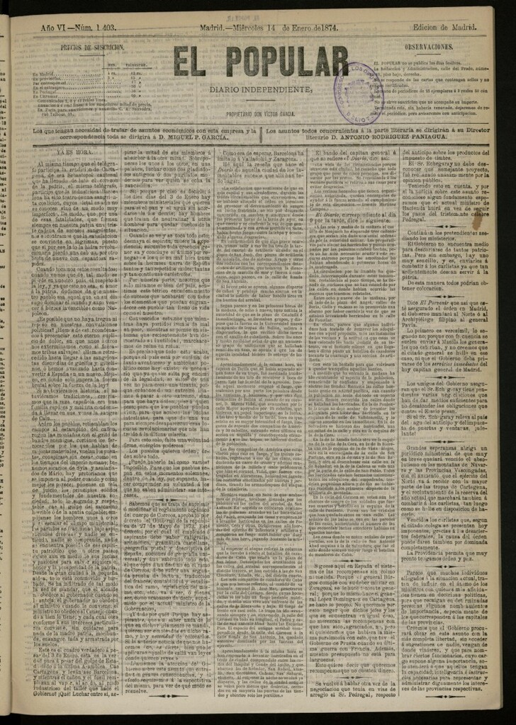 Miniatura de El Popular: diario independiente, político, literario y de noticias de interés general del 14 de enero de 1874, nº 1403
