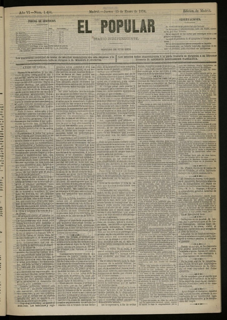 Miniatura de El Popular: diario independiente, político, literario y de noticias de interés general del 15 de enero de 1874, nº 1404