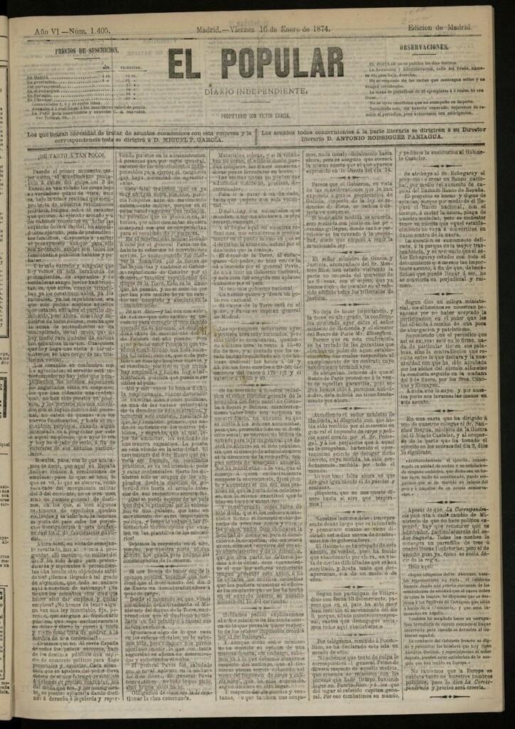 Miniatura de El Popular: diario independiente, político, literario y de noticias de interés general del 16 de enero de 1874, nº 1405