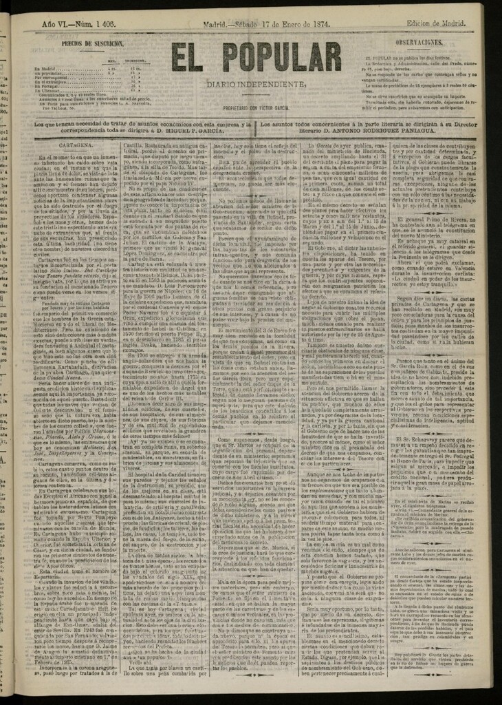 Miniatura de El Popular: diario independiente, político, literario y de noticias de interés general del 17 de enero de 1874, nº 1406