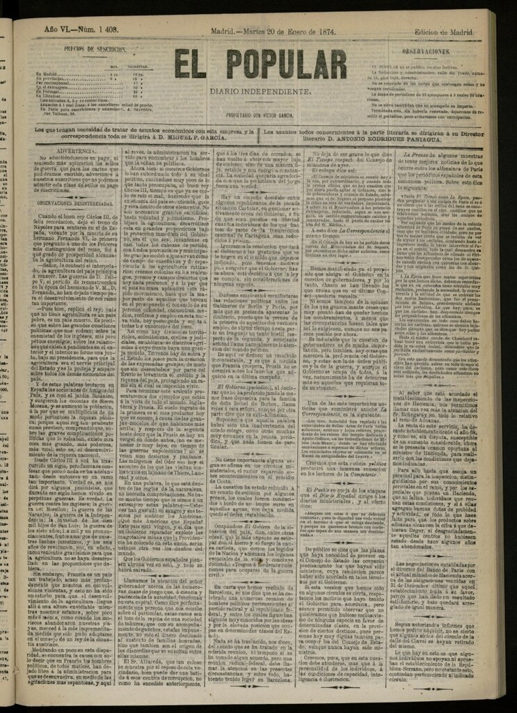Miniatura de El Popular: diario independiente, político, literario y de noticias de interés general del 20 de enero de 1874, nº 1408