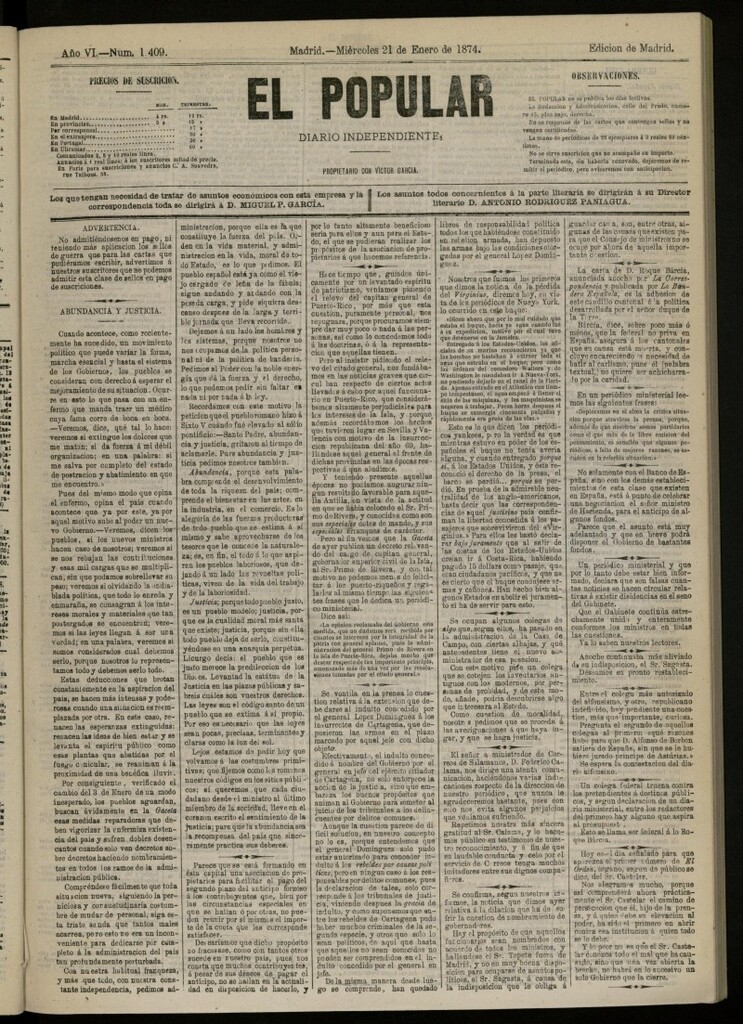 Miniatura de El Popular: diario independiente, político, literario y de noticias de interés general del 21 de enero de 1874, nº 1409