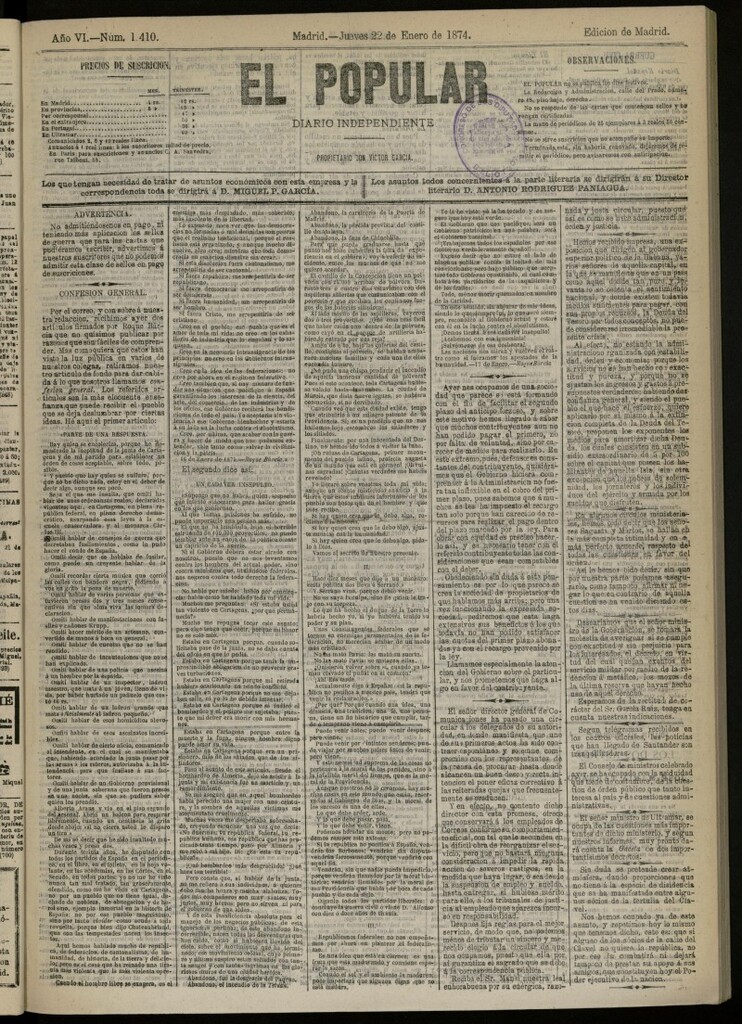 Miniatura de El Popular: diario independiente, político, literario y de noticias de interés general del 22 de enero de 1874, nº 1410