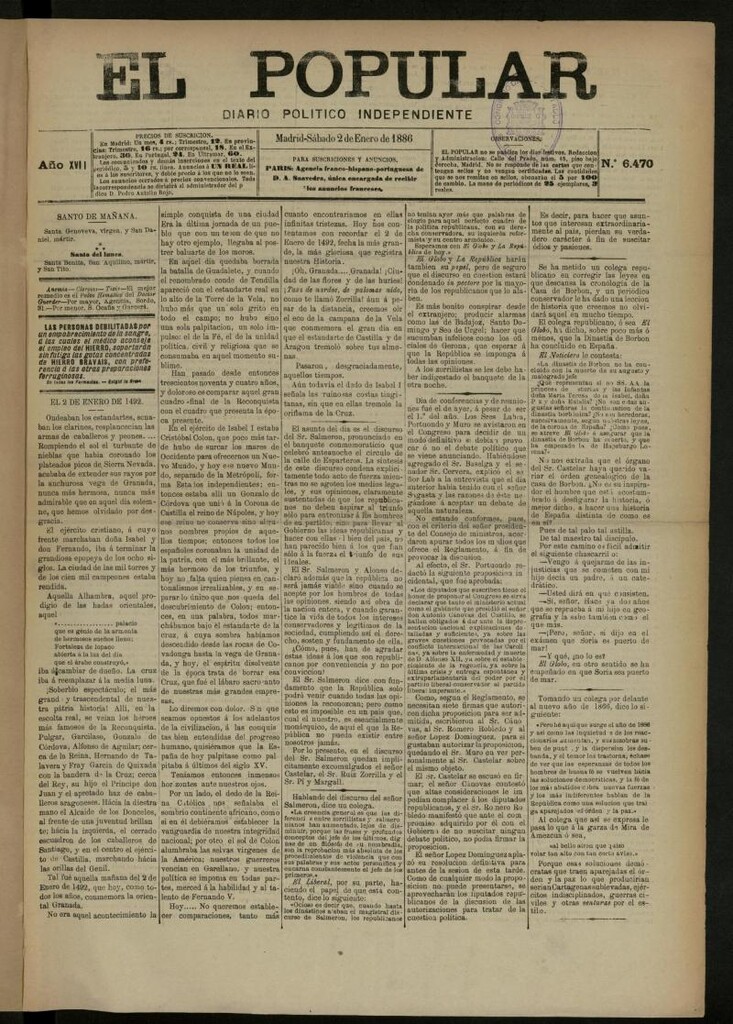Miniatura de El Popular: diario independiente, político, literario y de noticias de interés general del 2 de enero de 1886, nº 6470