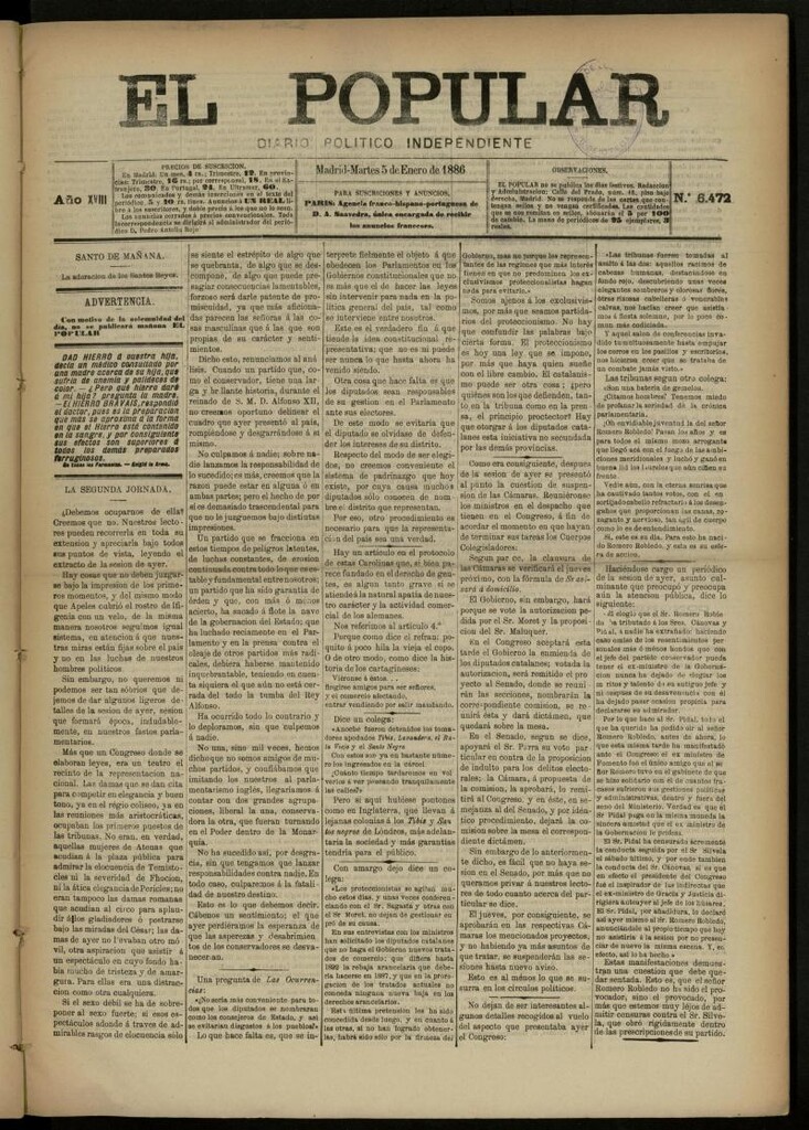 Miniatura de El Popular: diario independiente, político, literario y de noticias de interés general del 5 de enero de 1886, nº 6472