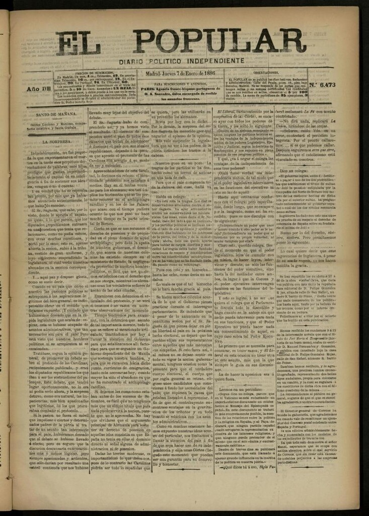 Miniatura de El Popular: diario independiente, político, literario y de noticias de interés general del 7 de enero de 1886, nº 6473