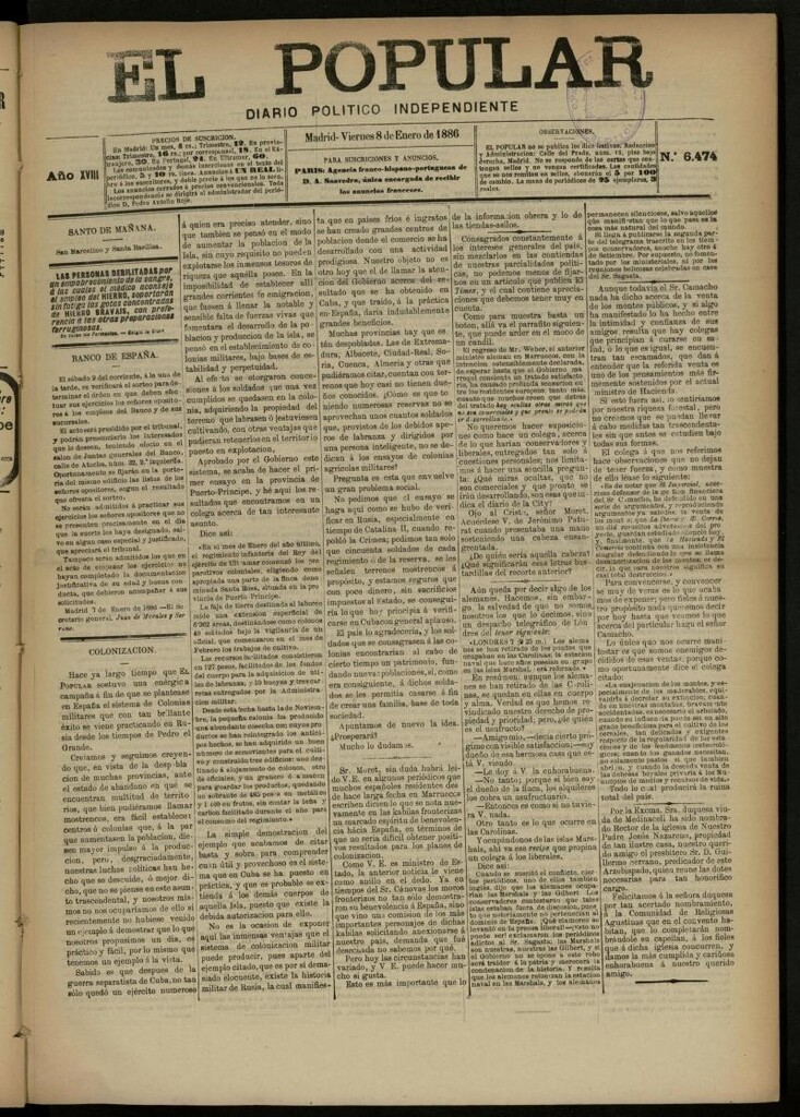 Miniatura de El Popular: diario independiente, político, literario y de noticias de interés general del 8 de enero de 1886, nº 6474