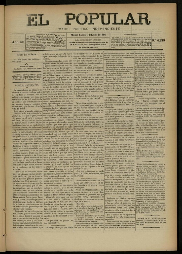 Miniatura de El Popular: diario independiente, político, literario y de noticias de interés general del 9 de enero de 1886, nº 6475