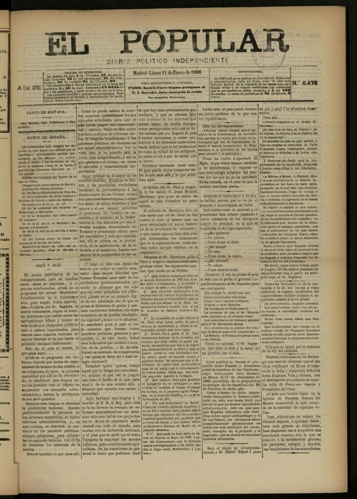 Miniatura de El Popular: diario independiente, político, literario y de noticias de interés general del 11 de enero de 1886, nº 6476