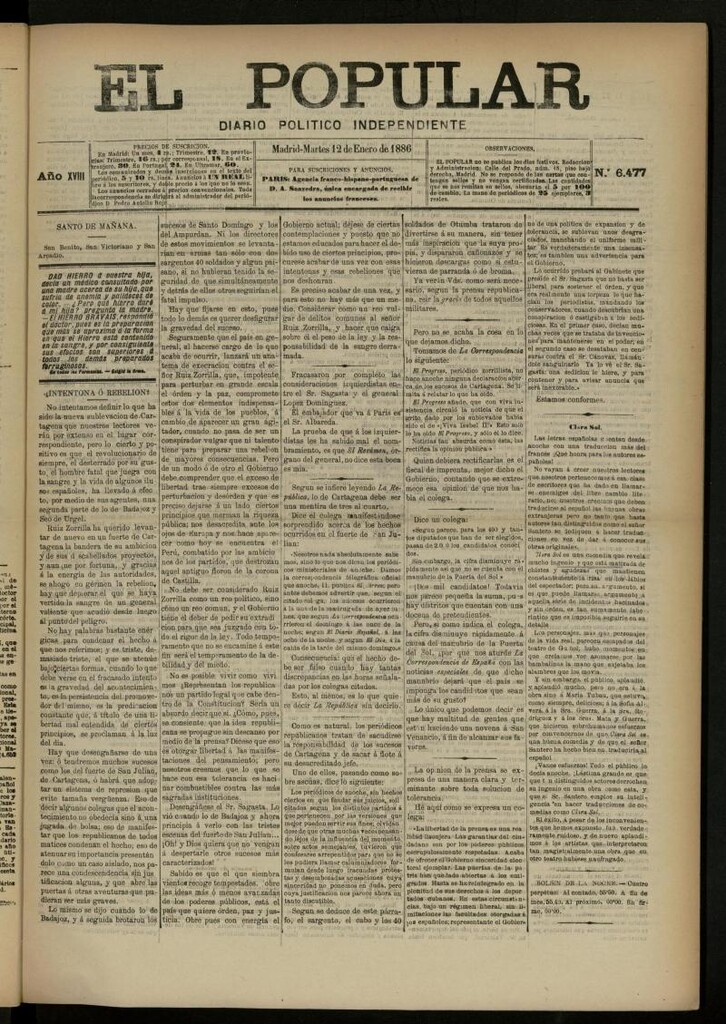 Miniatura de El Popular: diario independiente, político, literario y de noticias de interés general del 12 de enero de 1886, nº 6477