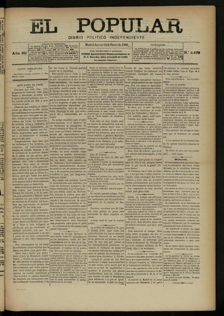 Miniatura de El Popular: diario independiente, político, literario y de noticias de interés general del 14 de enero de 1886, nº 6479