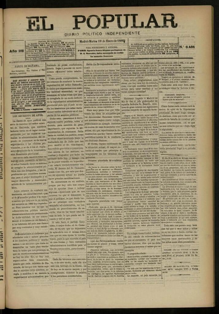 Miniatura de El Popular: diario independiente, político, literario y de noticias de interés general del 19 de enero de 1886, nº 6481