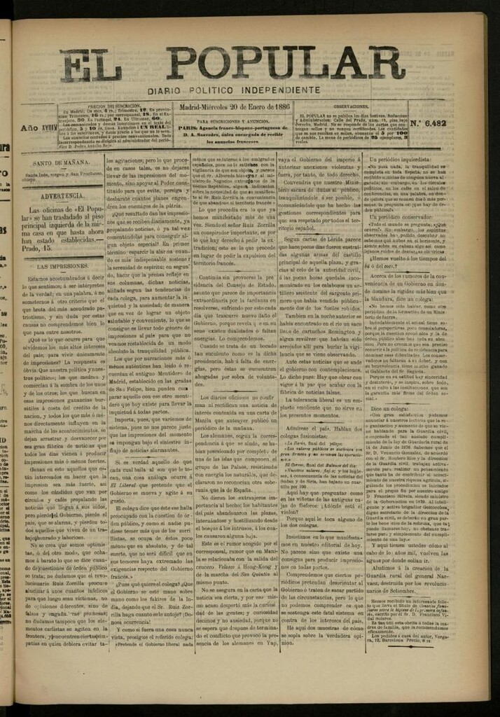 Miniatura de El Popular: diario independiente, político, literario y de noticias de interés general del 20 de enero de 1886, nº 6482