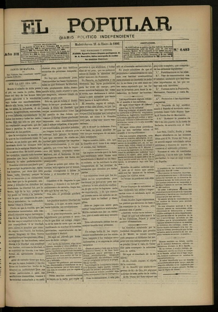 Miniatura de El Popular: diario independiente, político, literario y de noticias de interés general del 21 de enero de 1886, nº 6483