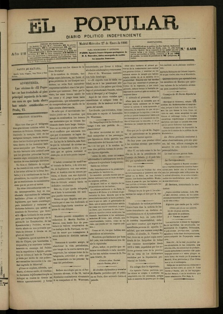 Miniatura de El Popular: diario independiente, político, literario y de noticias de interés general del 27 de enero de 1886, nº 6488