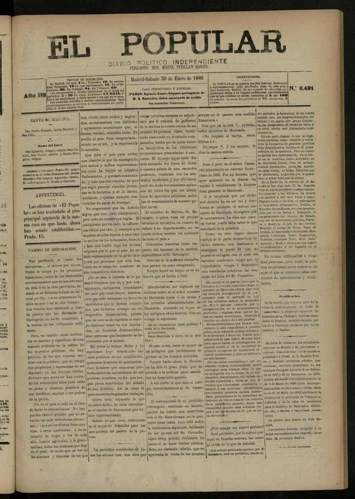 Miniatura de El Popular: diario independiente, político, literario y de noticias de interés general del 30 de enero de 1886, nº 6491