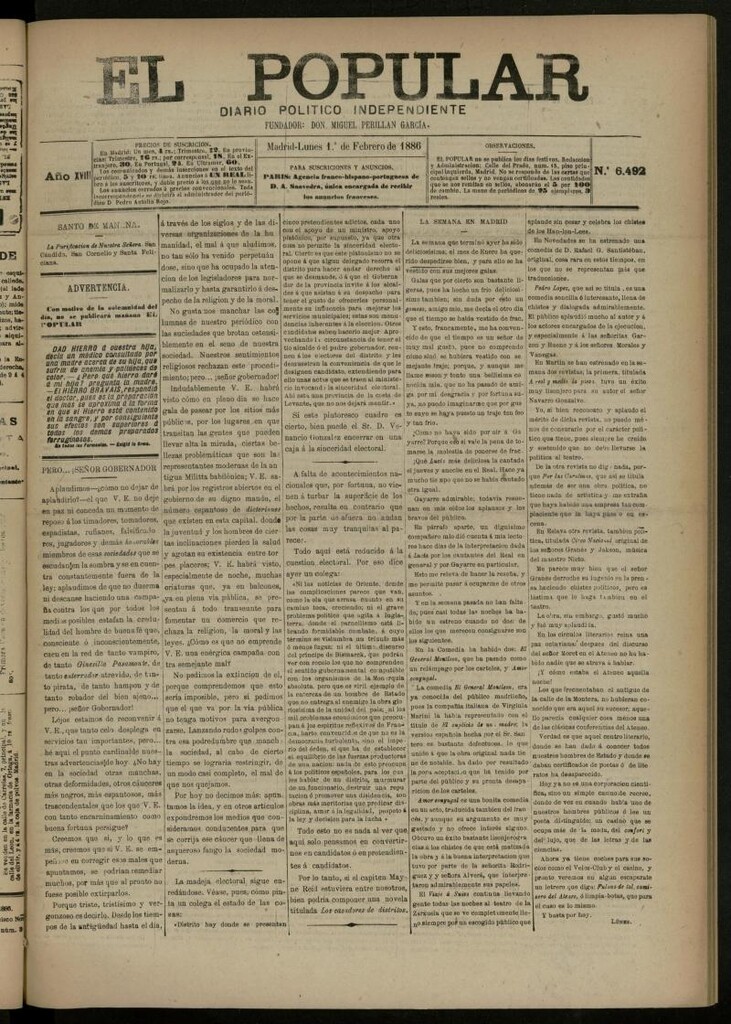 Miniatura de El Popular: diario independiente, político, literario y de noticias de interés general del 1 de febrero de 1886, nº 6492
