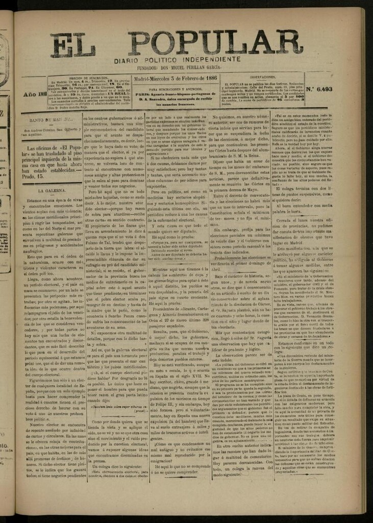 Miniatura de El Popular: diario independiente, político, literario y de noticias de interés general del 3 de febrero de 1886, nº 6493