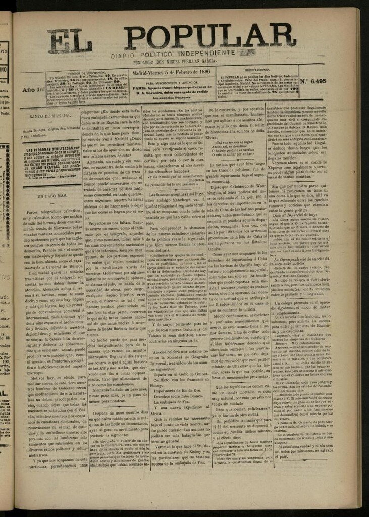 Miniatura de El Popular: diario independiente, político, literario y de noticias de interés general del 5 de febrero de 1886, nº 6495