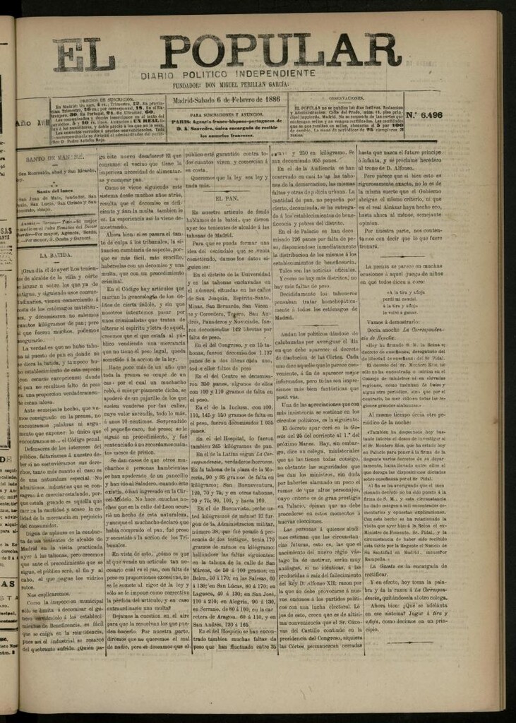 Miniatura de El Popular: diario independiente, político, literario y de noticias de interés general del 6 de febrero de 1886, nº 6496