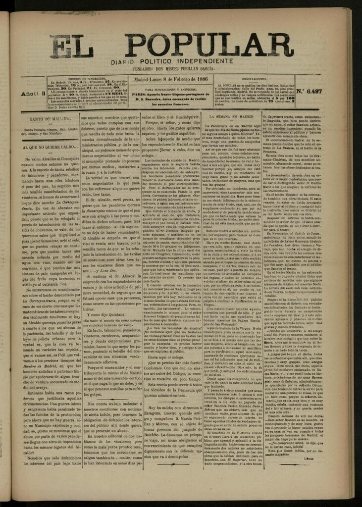 Miniatura de El Popular: diario independiente, político, literario y de noticias de interés general del 8 de febrero de 1886, nº 6497
