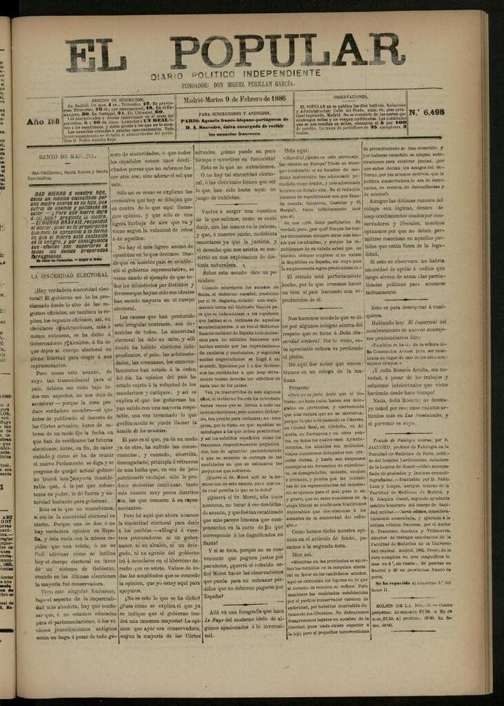 Miniatura de El Popular: diario independiente, político, literario y de noticias de interés general del 9 de febrero de 1886, nº 6498