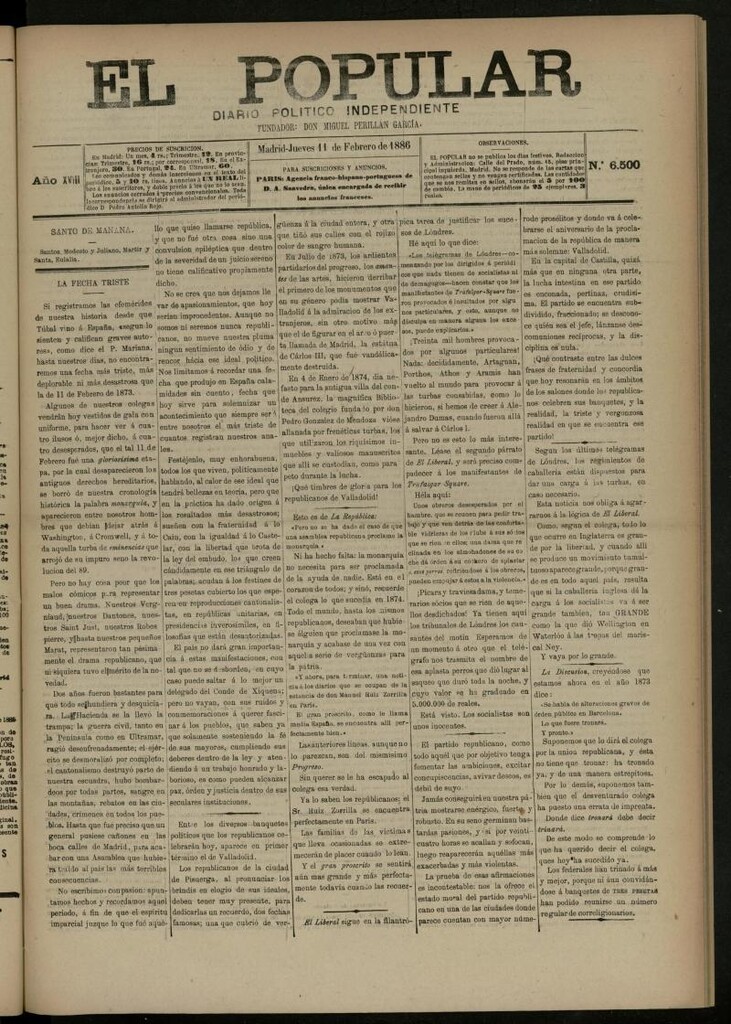 Miniatura de El Popular: diario independiente, político, literario y de noticias de interés general del 11 de febrero de 1886, nº 6500