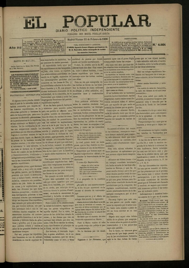 Miniatura de El Popular: diario independiente, político, literario y de noticias de interés general del 12 de febrero de 1886, nº 6501