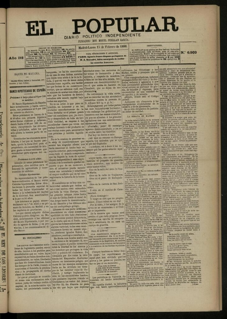 Miniatura de El Popular: diario independiente, político, literario y de noticias de interés general del 15 de febrero de 1886, nº 6503