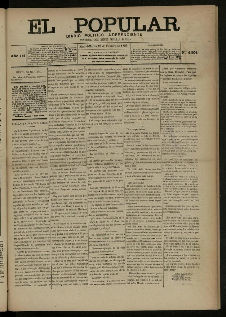 Miniatura de El Popular: diario independiente, político, literario y de noticias de interés general del 16 de febrero de 1886, nº 6504