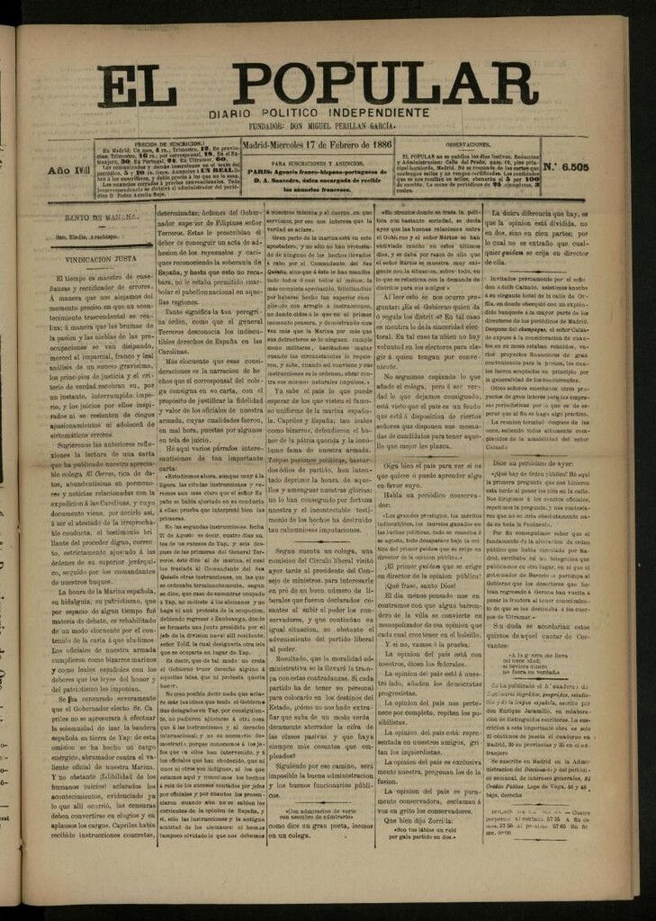 Miniatura de El Popular: diario independiente, político, literario y de noticias de interés general del 17 de febrero de 1886, nº 6505