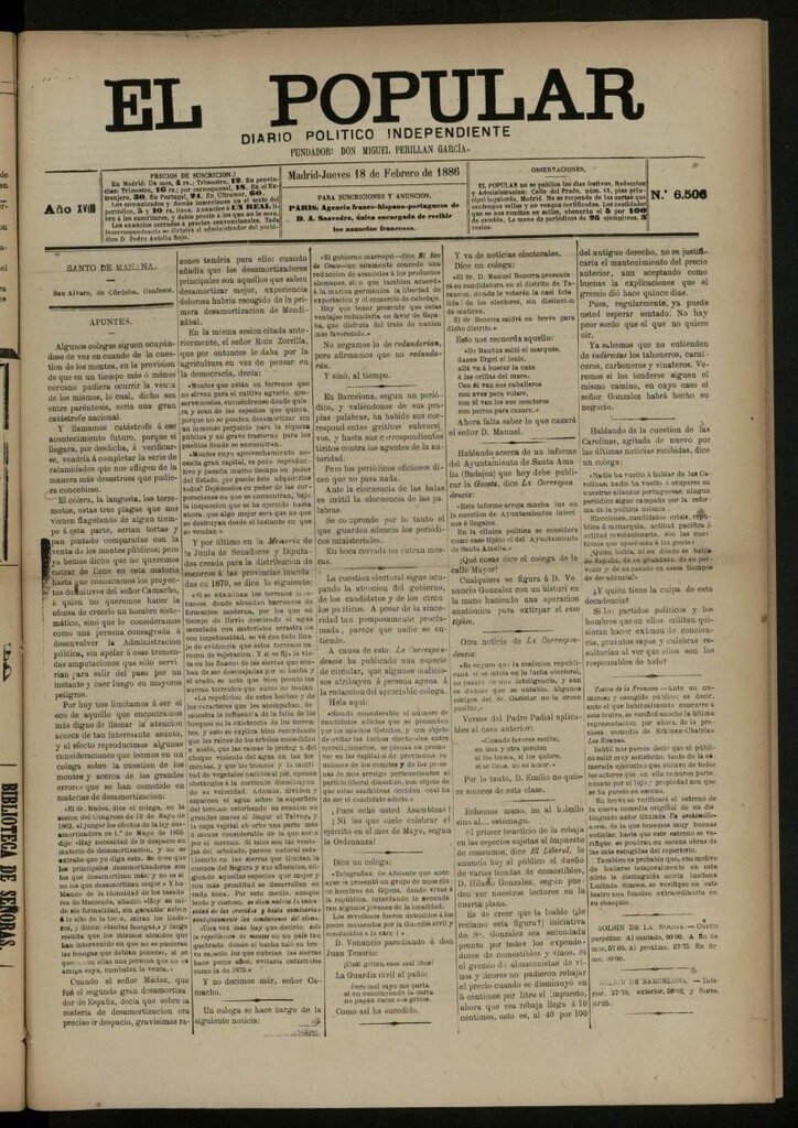 Miniatura de El Popular: diario independiente, político, literario y de noticias de interés general del 18 de febrero de 1886, nº 6506