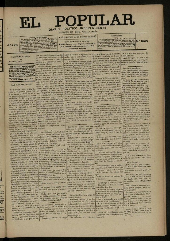 Miniatura de El Popular: diario independiente, político, literario y de noticias de interés general del 19 de febrero de 1886, nº 6507