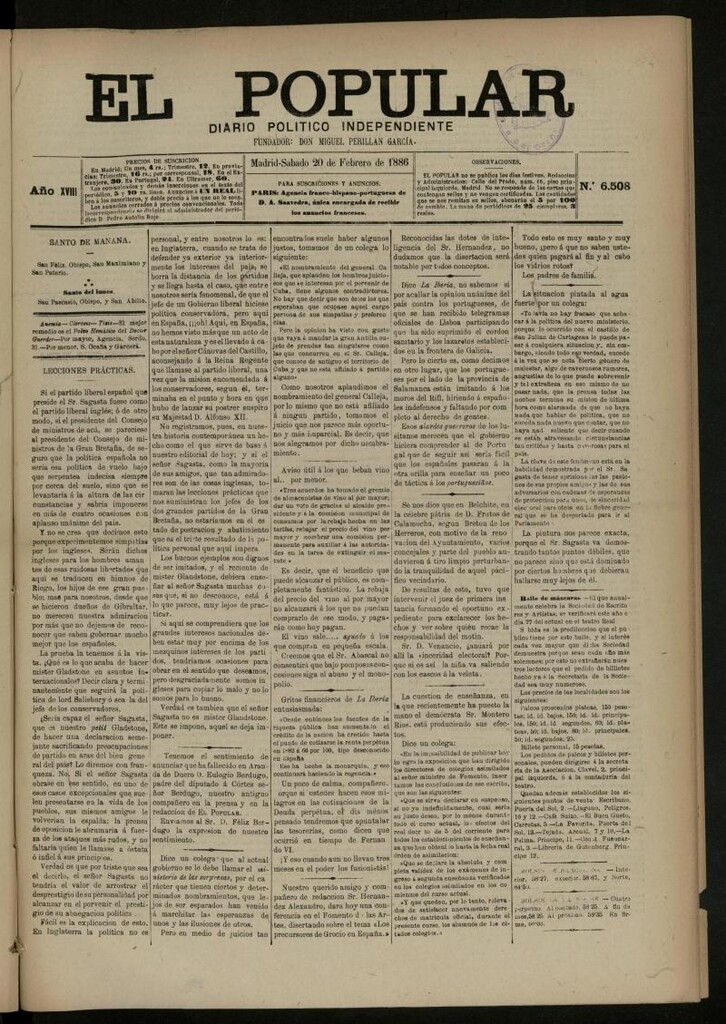 Miniatura de El Popular: diario independiente, político, literario y de noticias de interés general del 20 de febrero de 1886, nº 6508