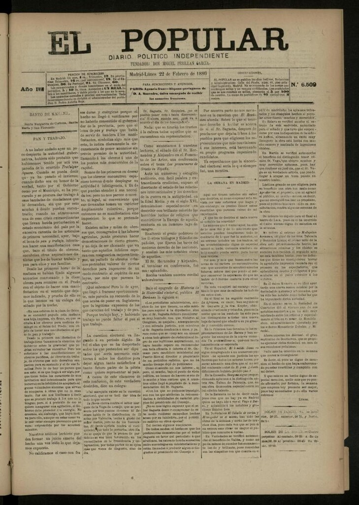Miniatura de El Popular: diario independiente, político, literario y de noticias de interés general del 22 de febrero de 1886, nº 6509
