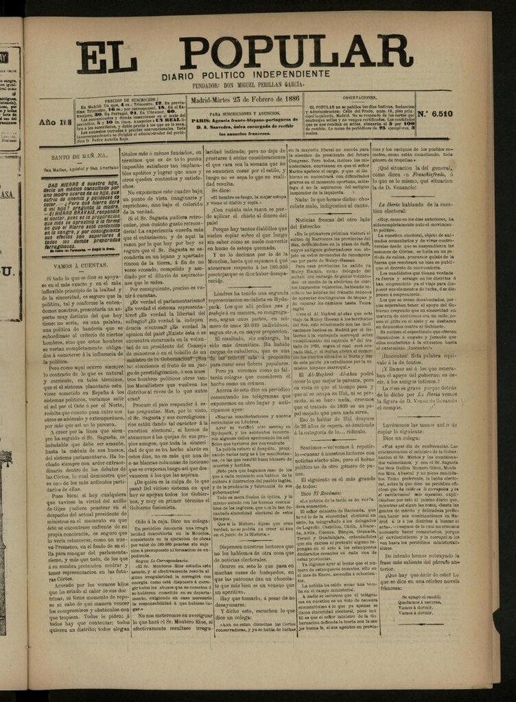 Miniatura de El Popular: diario independiente, político, literario y de noticias de interés general del 23 de febrero de 1886, nº 6510