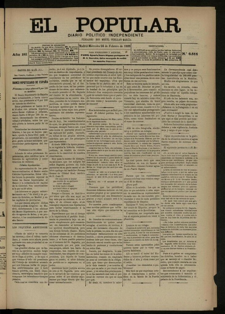 Miniatura de El Popular: diario independiente, político, literario y de noticias de interés general del 24 de febrero de 1886, nº 6511