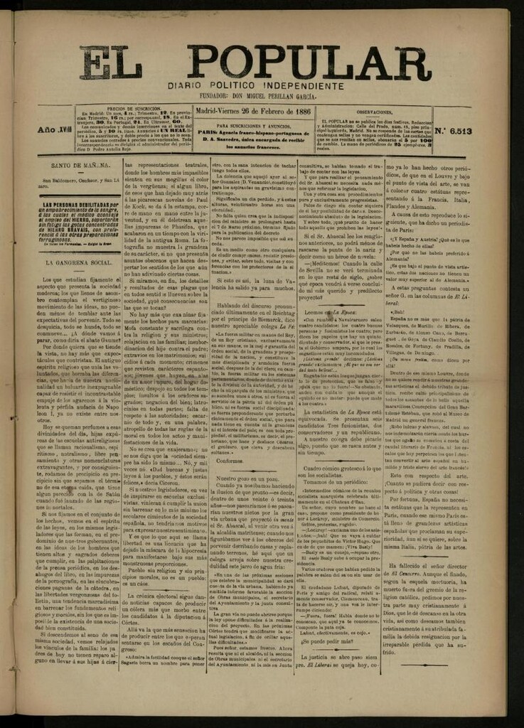 Miniatura de El Popular: diario independiente, político, literario y de noticias de interés general del 26 de febrero de 1886, nº 6513